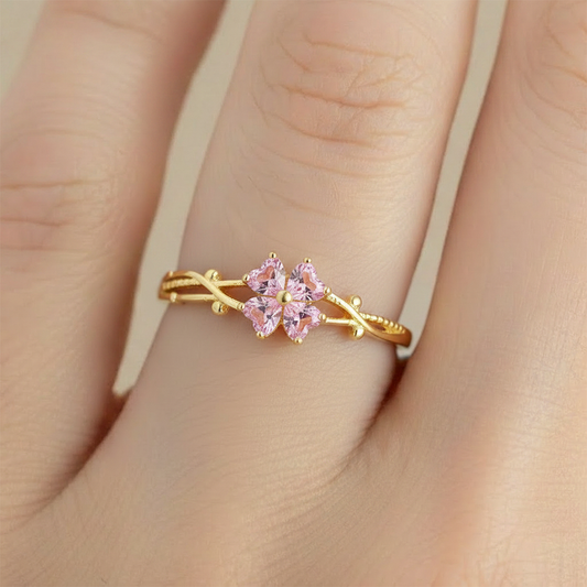 Anillo B #70 Ajustable Flor Piedra Rosada Rodinado