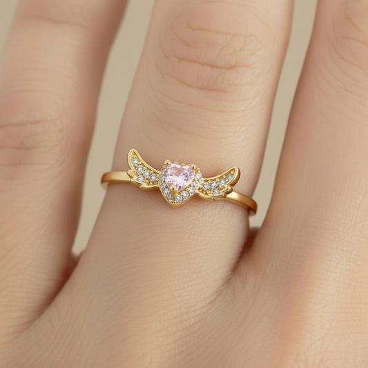 Anillo C #72 Ajustable Corazón Piedra Rosada Alas Rodinado