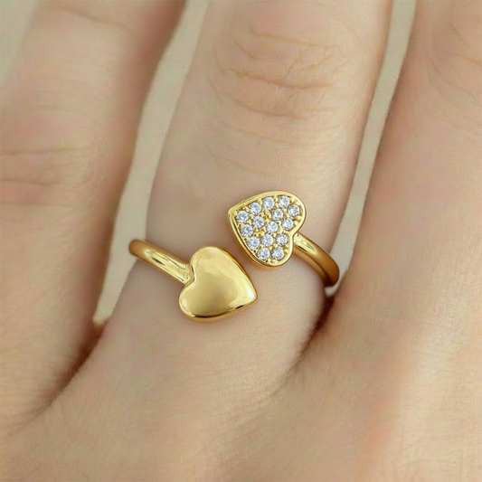Anillo C #91 Ajustable Corazon Doble Dorado Rodinado