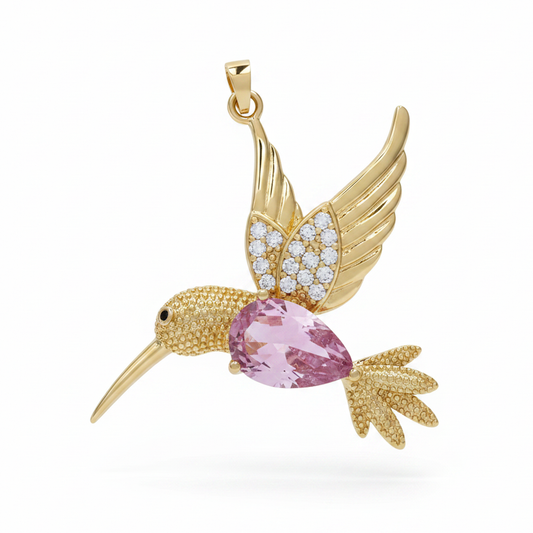 Dije Colibrí Piedra Rosada Dorado Rodinado