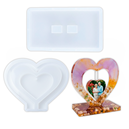 Molde De Silicona Corazón 3D Grande + Base Para Marco De Fotos Para Resina