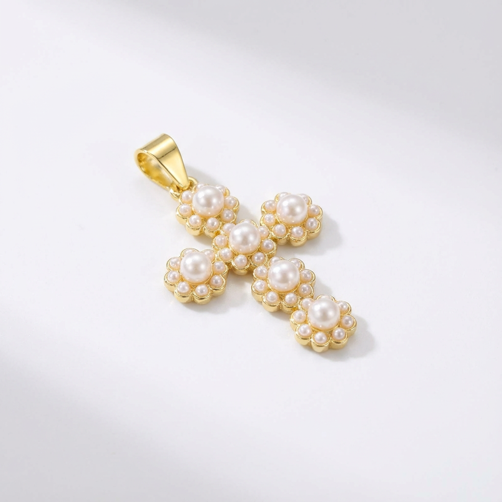 Dije Cruz Flor Perla Dorado Rodinado