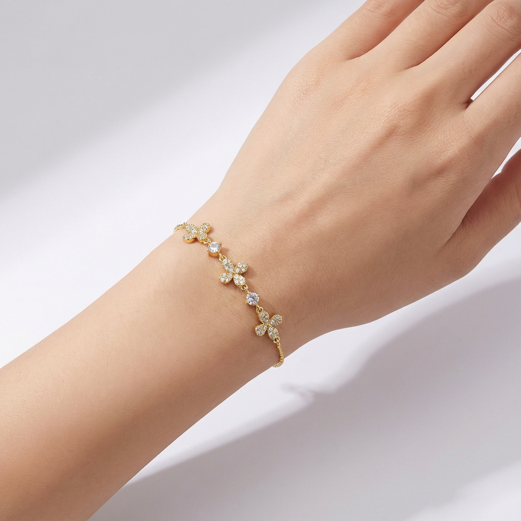 Pulsera Ajustable Flores Dorado Rodinado