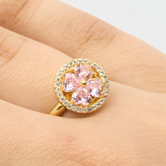 Anillo Giratorio Circulo Trébol Piedra Rosado Dorado Rodinado