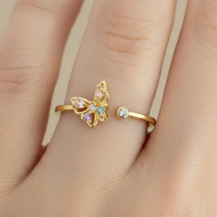 Anillo B #71 Ajustable Mariposa Piedra Multi Rodinado