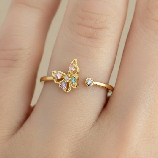 Anillo B #71 Ajustable Mariposa Piedra Multi Rodinado