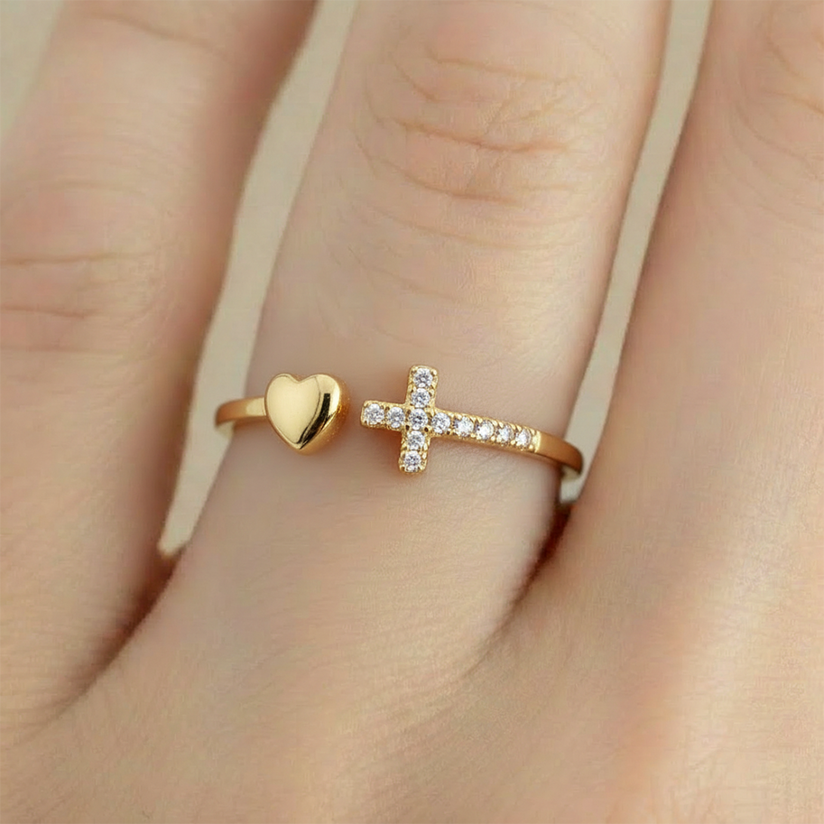 Anillo B #74 Ajustable Corazón Liso y Cruz Circones Rodinado