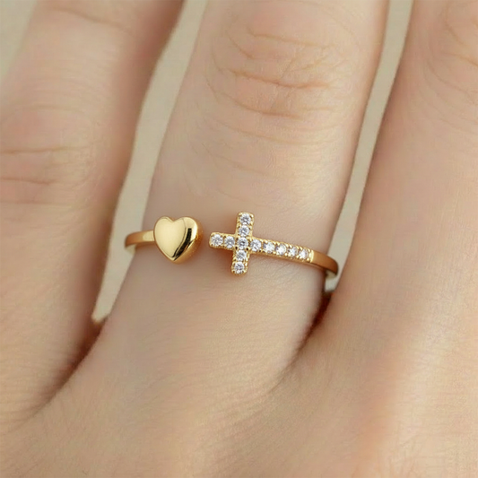 Anillo B #74 Ajustable Corazón Liso y Cruz Circones Rodinado