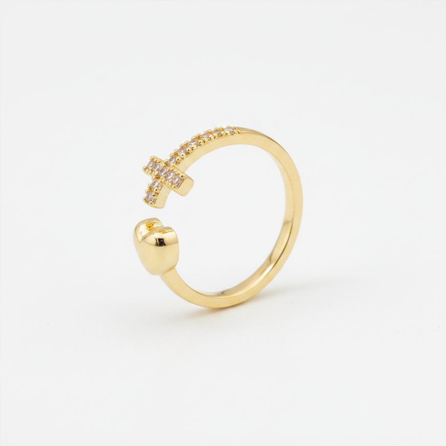 Anillo B #74 Ajustable Corazón Liso y Cruz Circones Rodinado