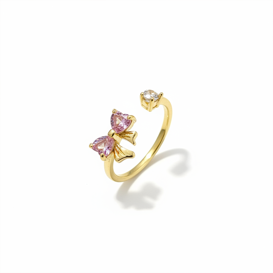Anillo C #65 Ajustable Moño Piedra Rosada Rodinado