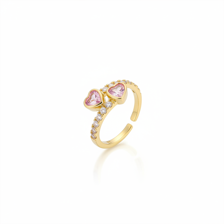 Anillo C #70 Ajustable Corazón Doble Piedra Rosada Rodinado