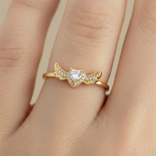 Anillo C #71 Ajustable Corazón Piedra Blanca Alas Rodinado