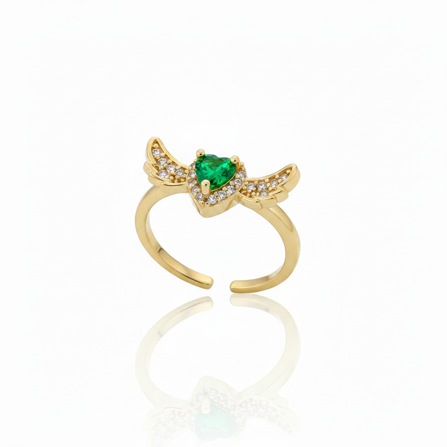 Anillo C #73 Ajustable Corazón Piedra Verde Alas Rodinado