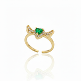 Anillo C #73 Ajustable Corazón Piedra Verde Alas Rodinado
