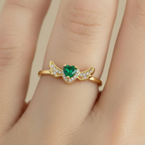 Anillo C #73 Ajustable Corazón Piedra Verde Alas Rodinado
