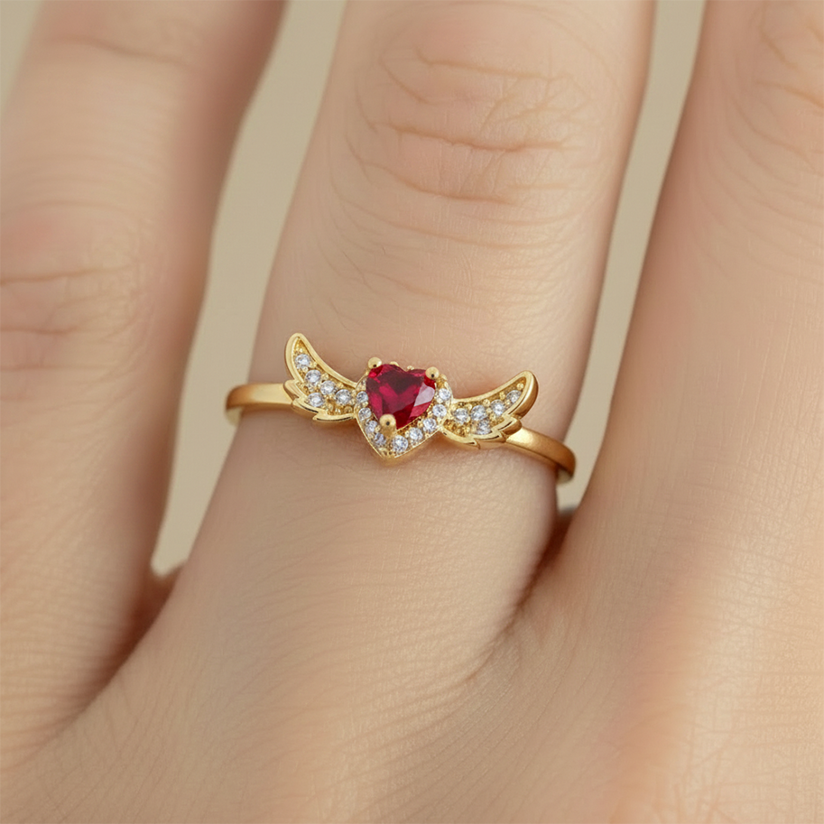 Anillo C #74 Ajustable Corazón Piedra Roja Alas Rodinado