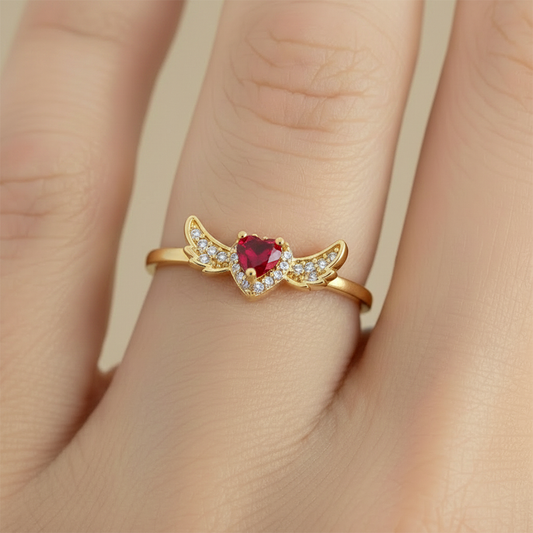Anillo C #74 Ajustable Corazón Piedra Roja Alas Rodinado