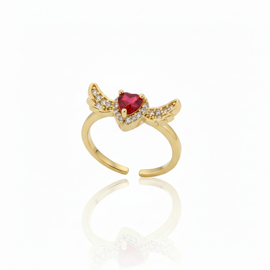 Anillo C #74 Ajustable Corazón Piedra Roja Alas Rodinado