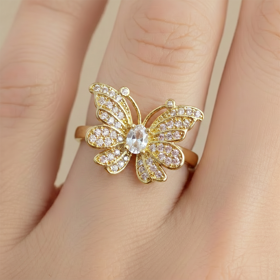 Anillo C #75 Ajustable Mariposa Piedra Blanca Rodinado