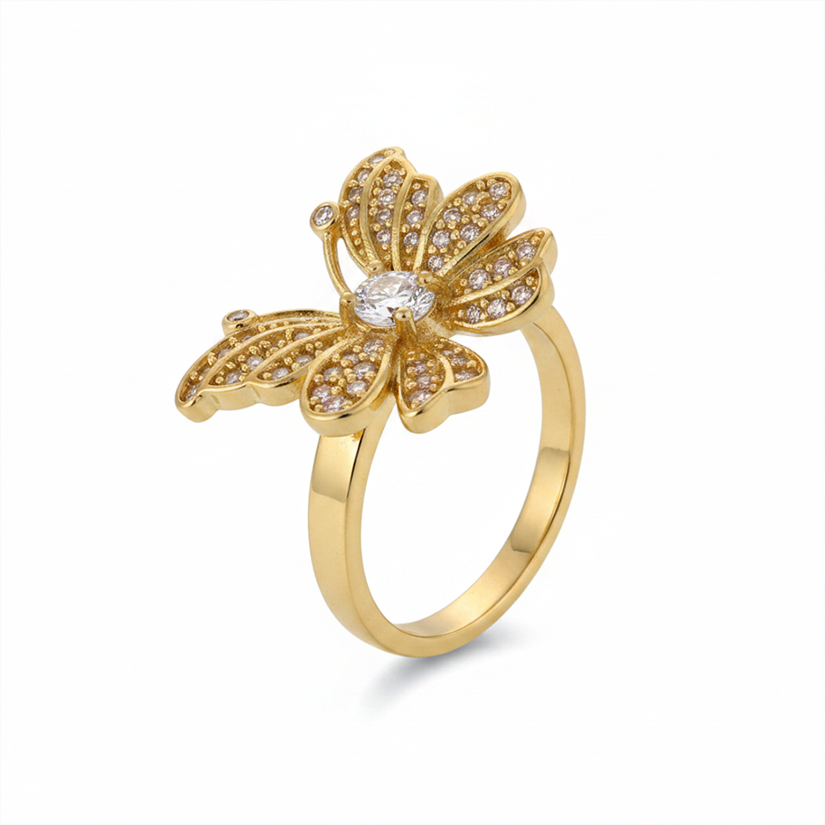 Anillo C #75 Ajustable Mariposa Piedra Blanca Rodinado