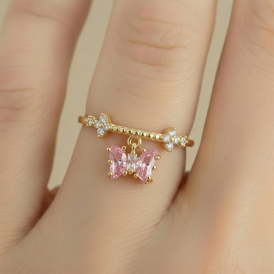 Anillo C #77 Ajustable Mariposa Colgante Rodinado