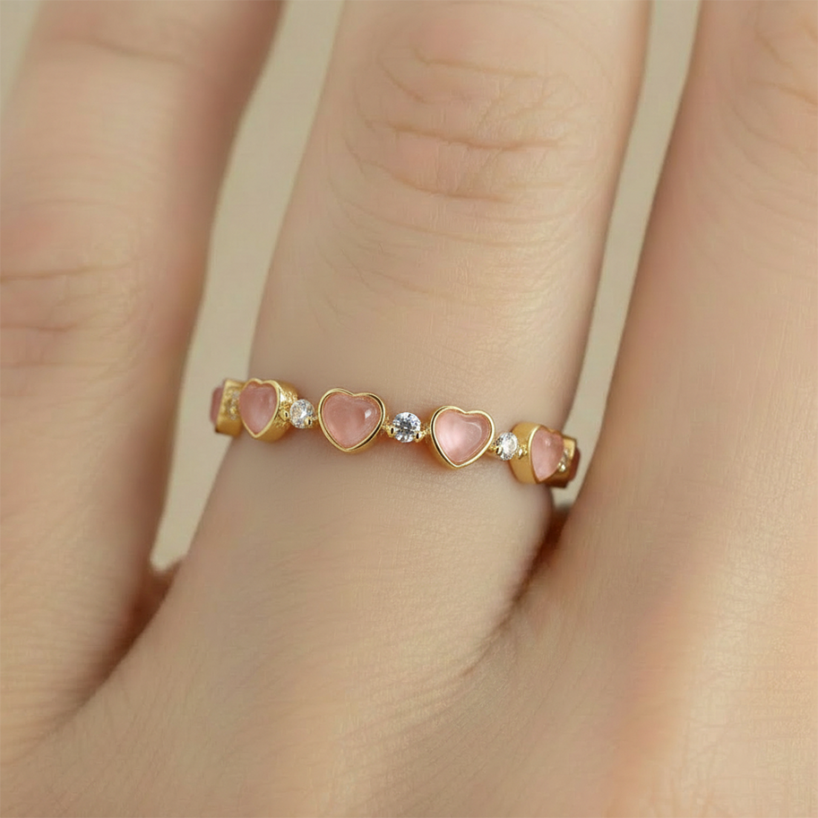 Anillo C #78 Ajustable Corazones Piedra Rosada Rodinado