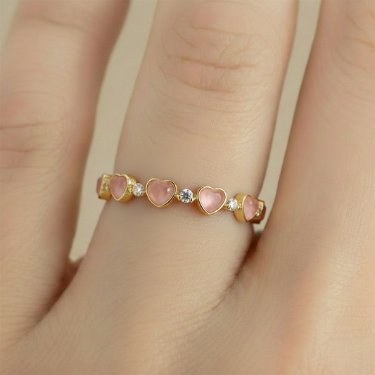 Anillo C #78 Ajustable Corazones Piedra Rosada Rodinado