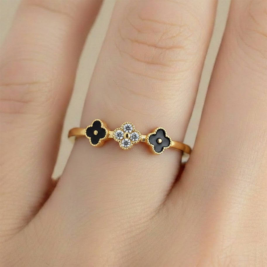 Anillo C #79 Ajustable Trebol Negro Rodinado