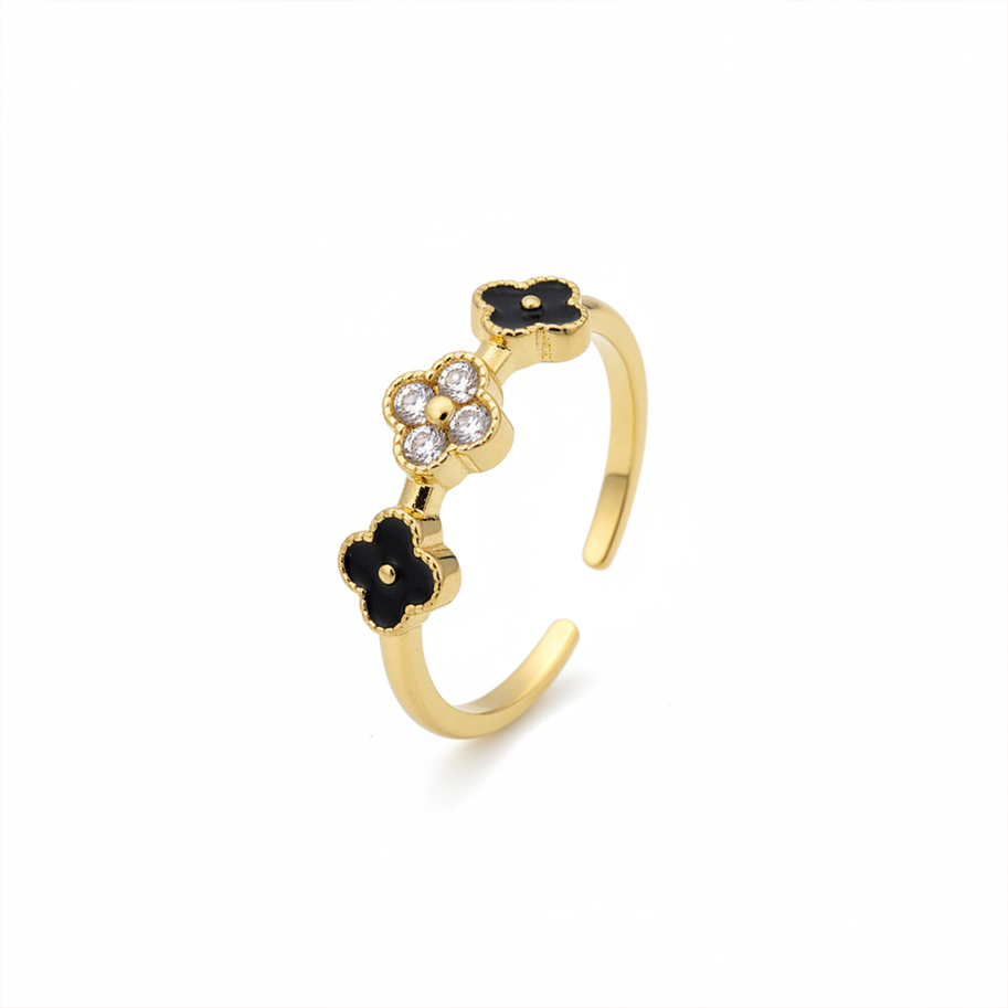 Anillo C #79 Ajustable Trebol Negro Rodinado