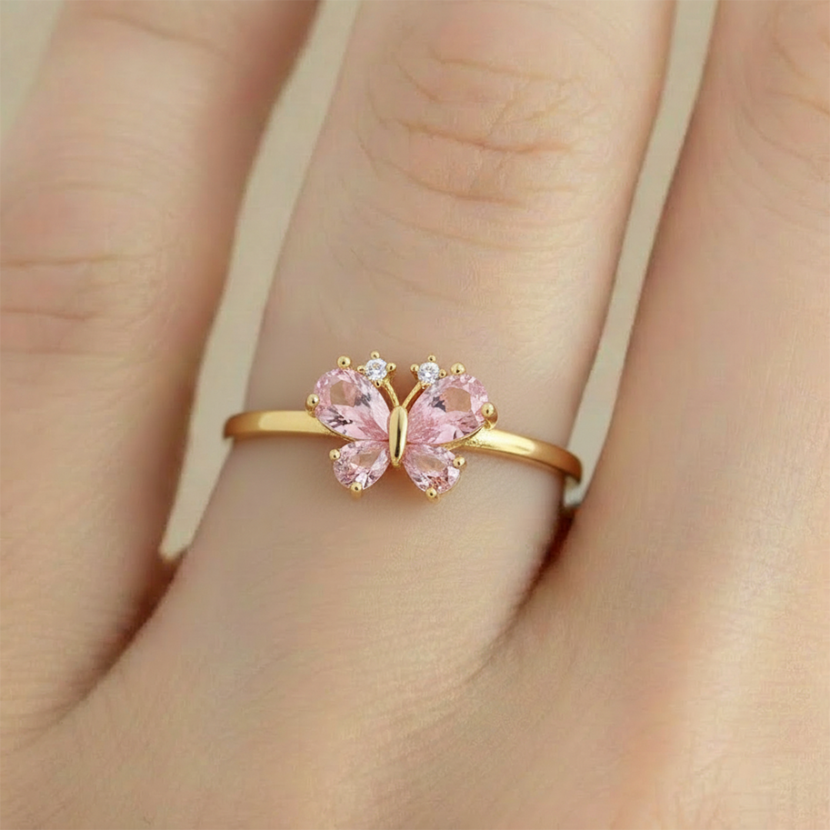 Anillo C #80 Ajustable Mariposa Piedra Rosada Rodinado