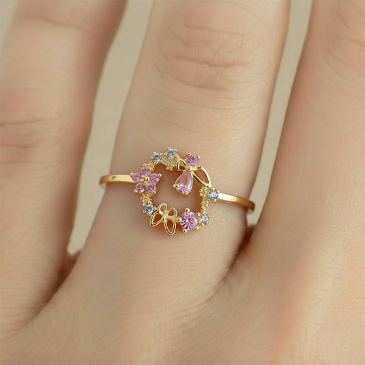 Anillo C #81 Ajustable Mariposa Flor Rodinado