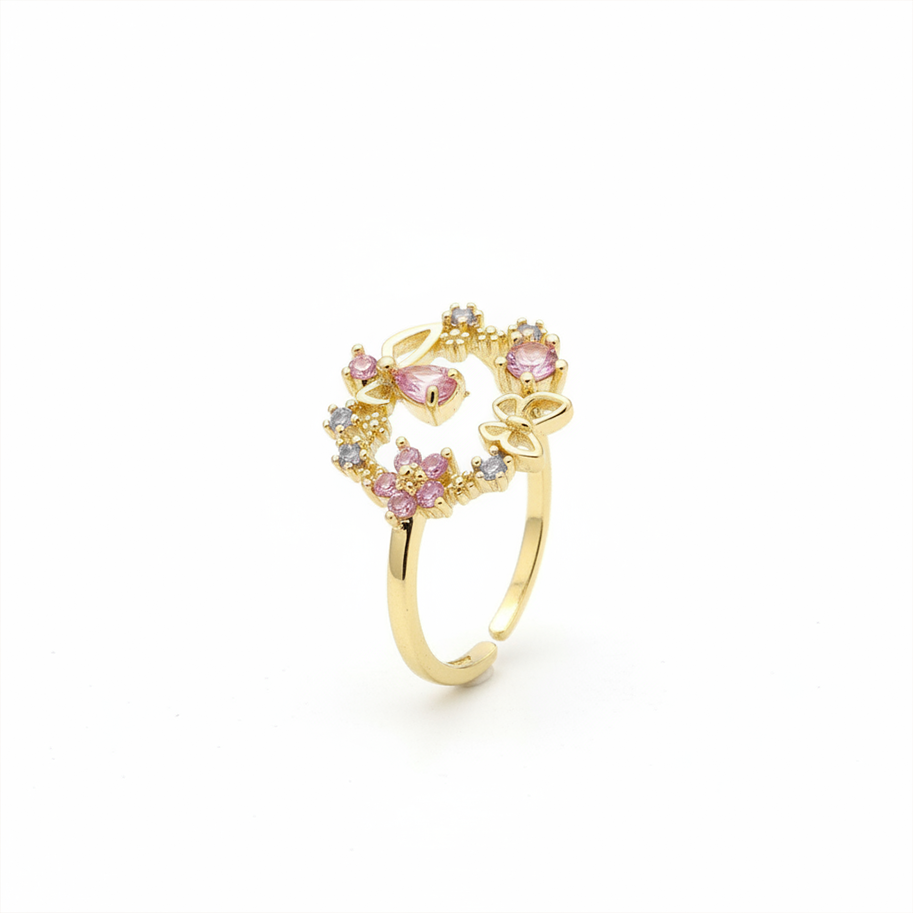 Anillo C #81 Ajustable Mariposa Flor Rodinado
