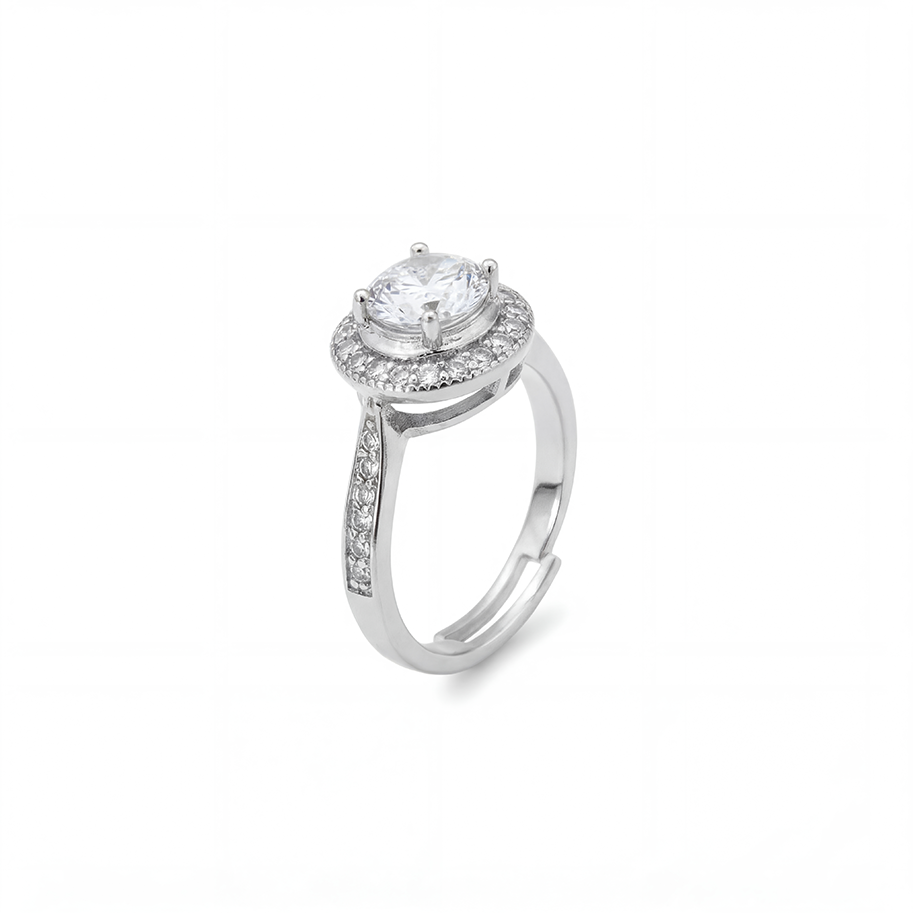 Anillo C #84 Ajustable Plateado Circón Redondo Blanco Rodinado