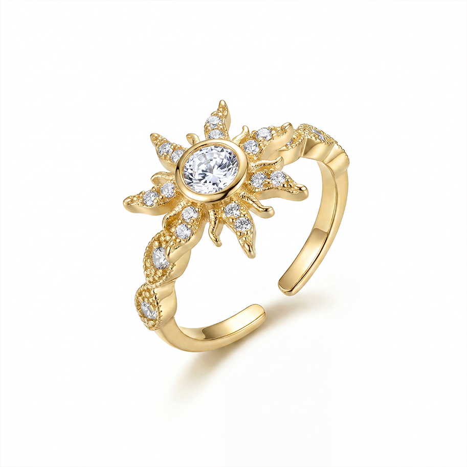 Anillo C #85 Ajustable Sol Piedra Blanca Rodinado