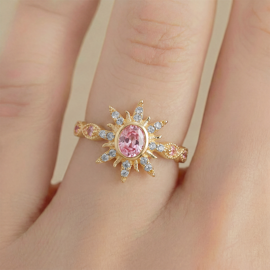 Anillo C #87 Ajustable Sol Piedra Rosada Rodinado