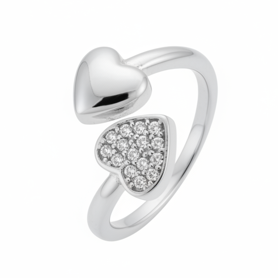 Anillo C #92 Ajustable Corazon Doble Plateado Rodinado