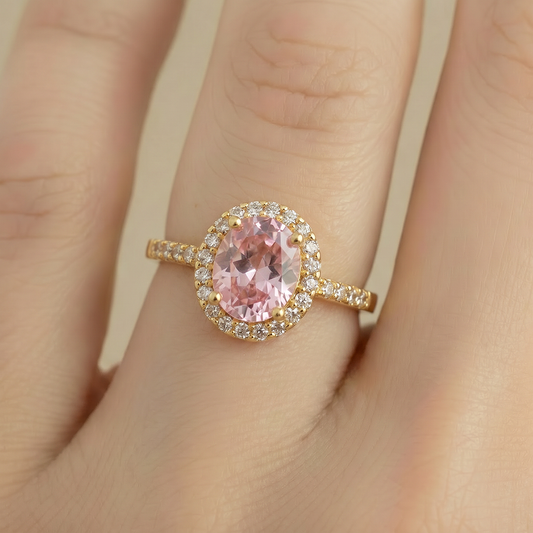 Anillo D #28 Ajustable Ovalo Piedra Rosada y Circones Rodinado