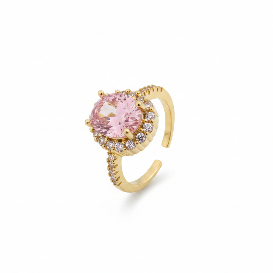 Anillo D #28 Ajustable Ovalo Piedra Rosada y Circones Rodinado