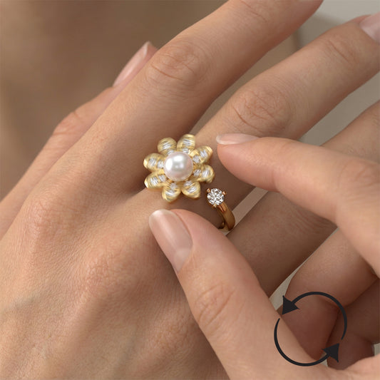 Anillo Giratorio Margarita Con Perla Dorado Rodinado