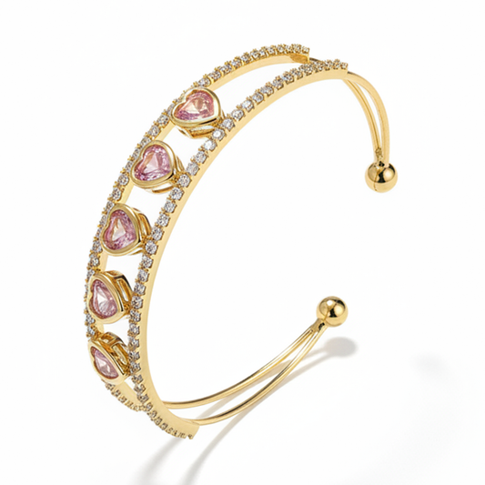 Brazalete Corazón Piedra Rosada Dorado Rodinado