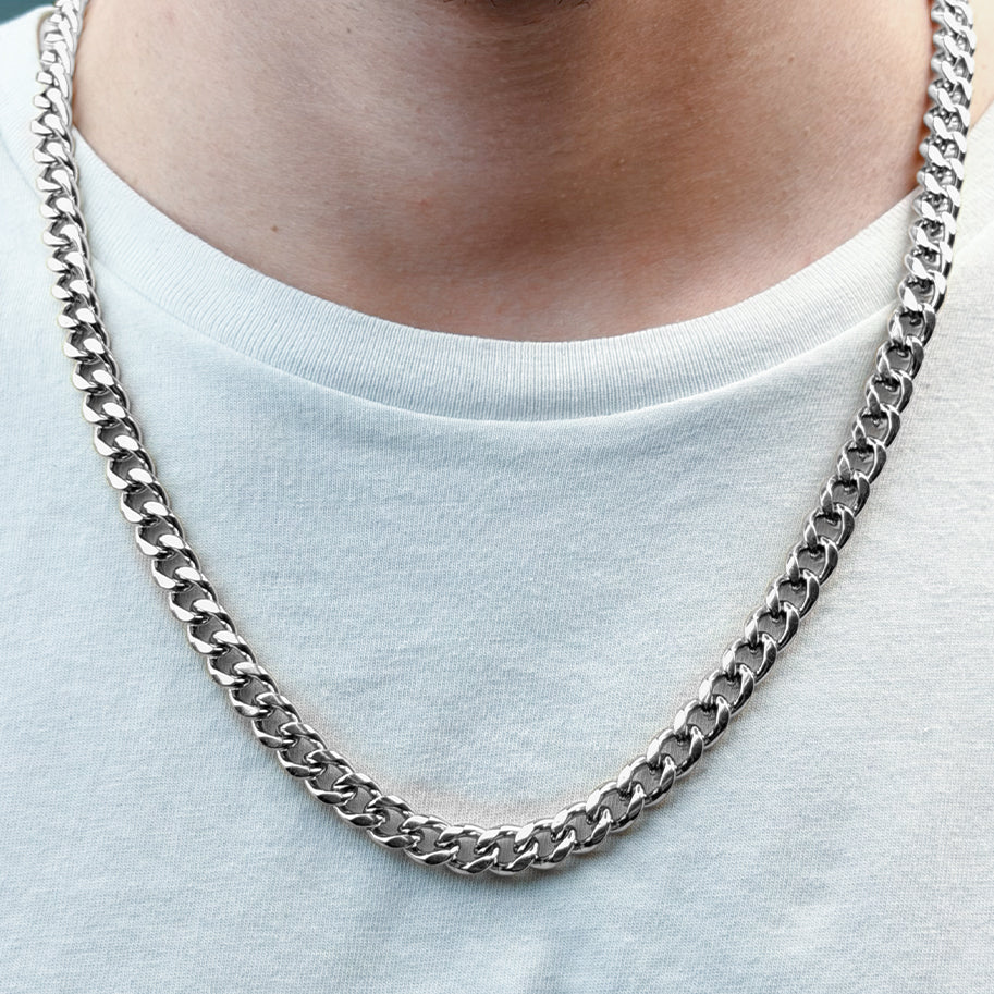 Cadena De Acero Cubana 8mm / 60 Cms Plateada