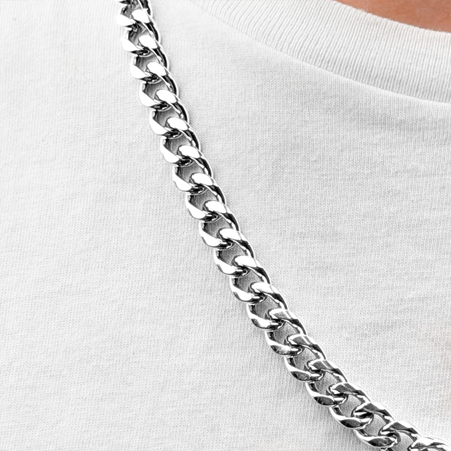 Cadena De Acero Cubana 8mm / 60 Cms Plateada