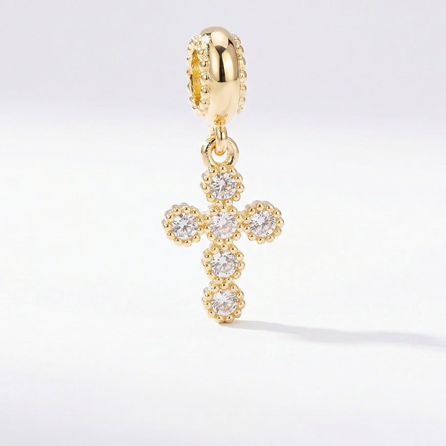 Charm Cruz Circones Piedra Blanca Dorado Rodinado