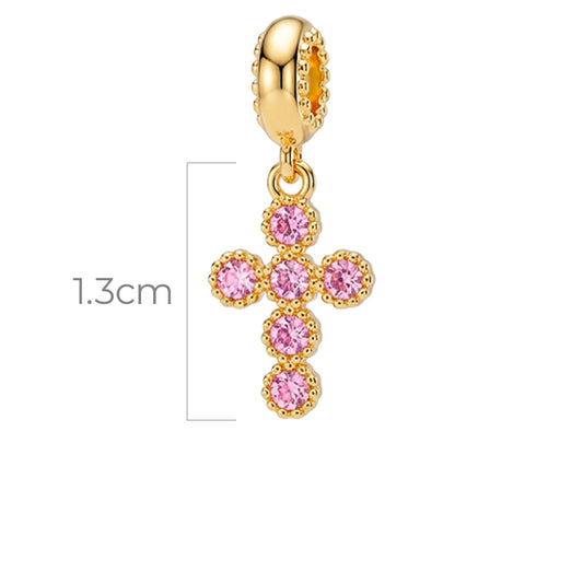 Charm Cruz Circones Piedra Rosada Dorado Rodinado