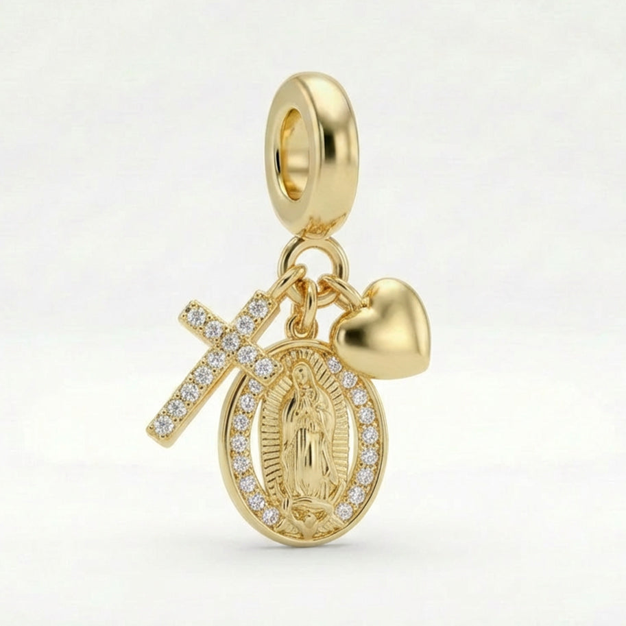 Charm Virgen Guadalupe Cruz Corazón Dorado Rodinado