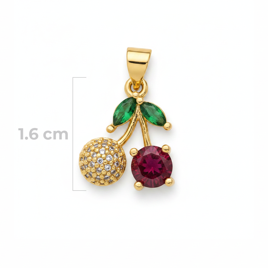 Dije Cereza Circón Hojas Verdes Dorado Rodinado