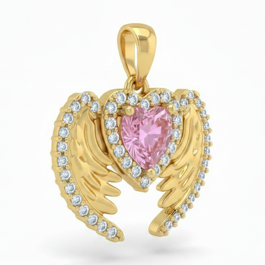 Dije Corazón Ángel Piedra Rosada Dorado Rodinado