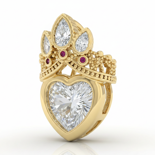 Dije Corazón Con Corona Piedra Blanca Rodinado