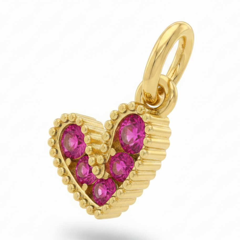 Dije Corazón Mini Collar Cristal Dorado Piedra Fucsia Rodinado