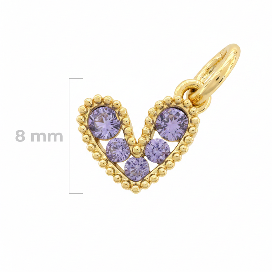 Dije Corazón Mini Collar Cristal Dorado Piedra Lila Rodinado
